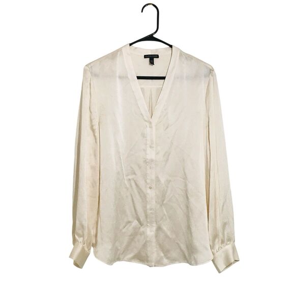 Eileen Fisher Silk Long Sleeve V Neck Blouse Classic Ivory Preppy Women's Size M - Picture 2 of 12